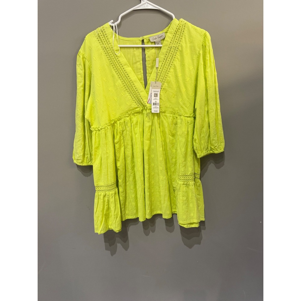 Charlie Paige Neon Lime Green Crochet Lace Babydoll Tunic Top 14072 NWT Size M
